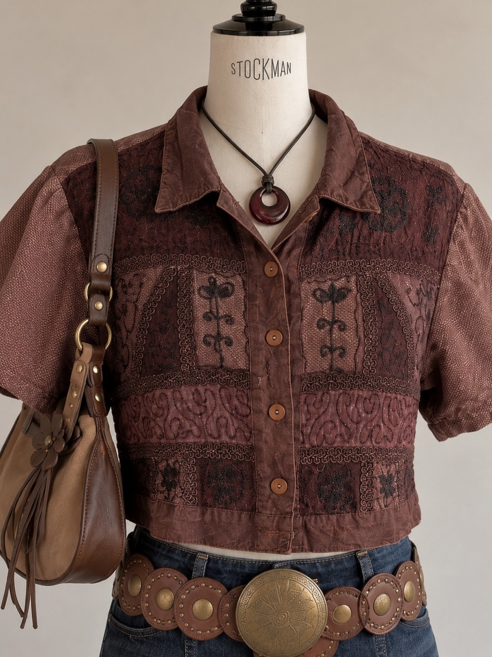 Vintage Brown Embroidered Button-Front Crop Top